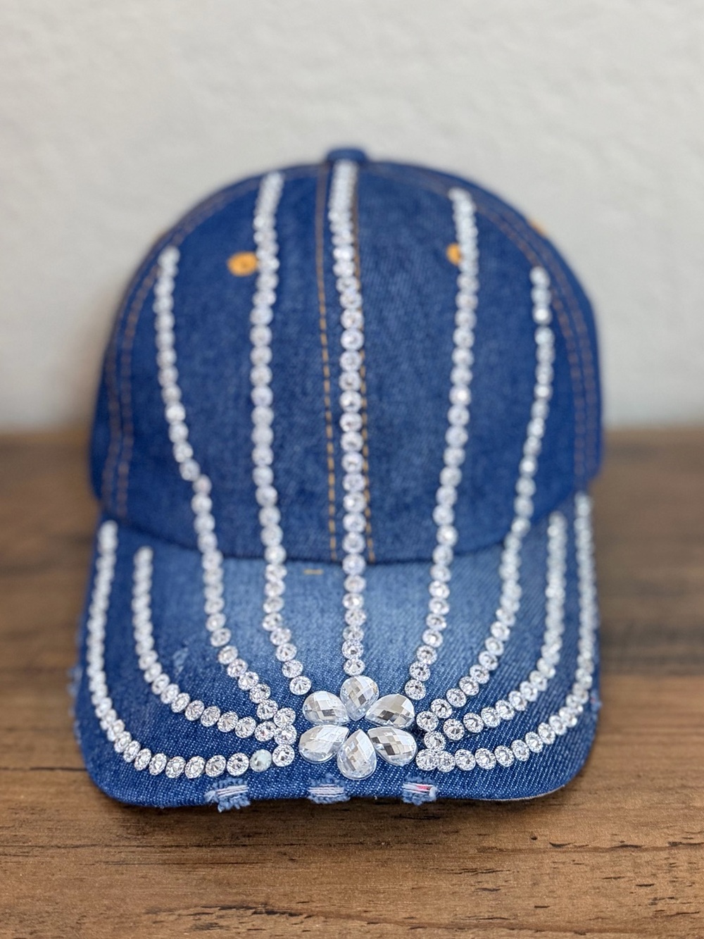 Embellished Denim Baseball Cap - Blue with Crystal Accents